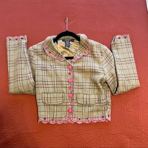 Rampage Crop Jacket, pink and brown plaid on tan. Fully lined. size S - Picture 3 of 6